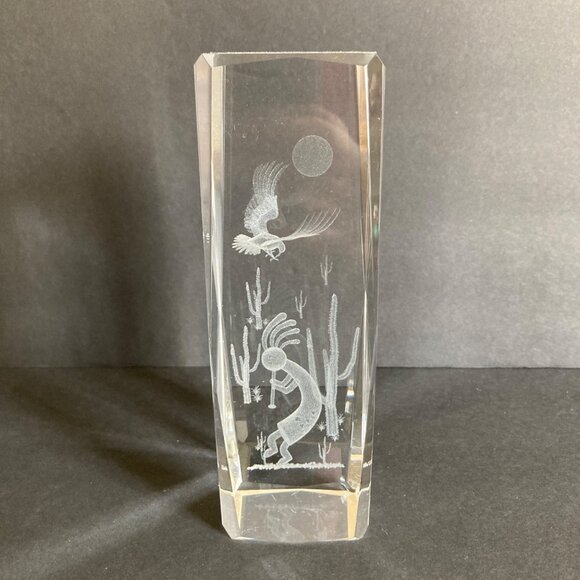 3D Laser Etched Crystal Block Paperweight Kokopelli With Flute Under Eagle Moon - Picture 2 of 8